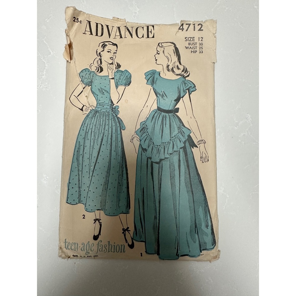 Vintage 1940s Advance 4712 Sewing Pattern Teen Dress Puff Sleeve Size 12 Bust 30